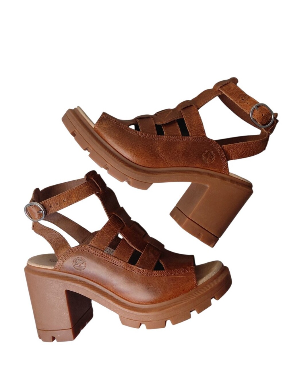Timberland Allington Heights Chestnut Brown Leather Platform Lug Sole Sandals 8